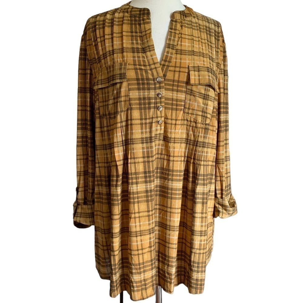 COCOMO 1X Yellow Plaid Plus Size 3/4 sleeve women's Pintuck Blouse top shirt